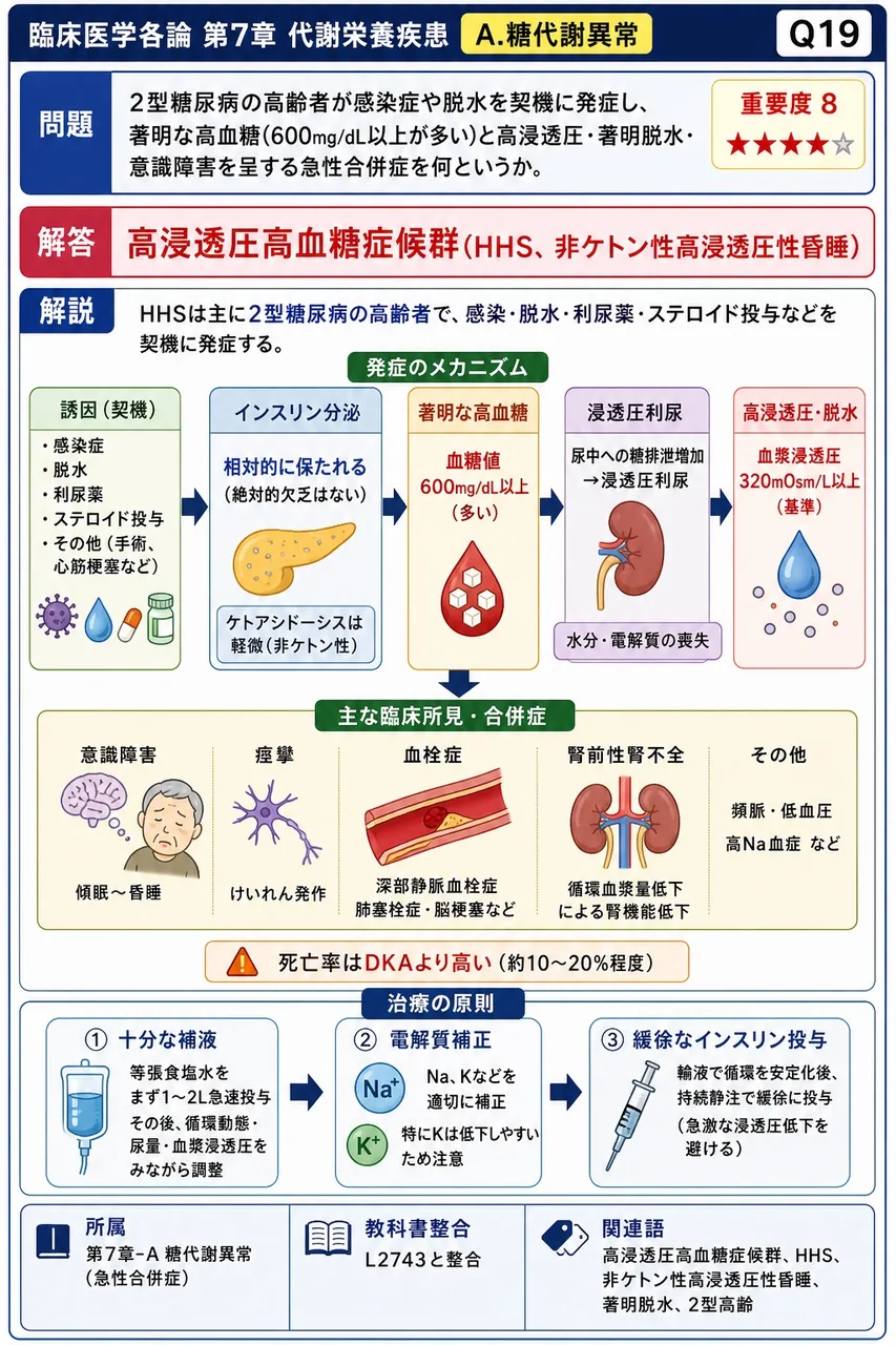 2型糖尿病の高齢者が感染症や脱水を契機に発症し、著明な高血糖(600mg/dL以上が多い)と高浸透圧・著明脱水・意識障害を呈する急性合併症を何というか。 解説図