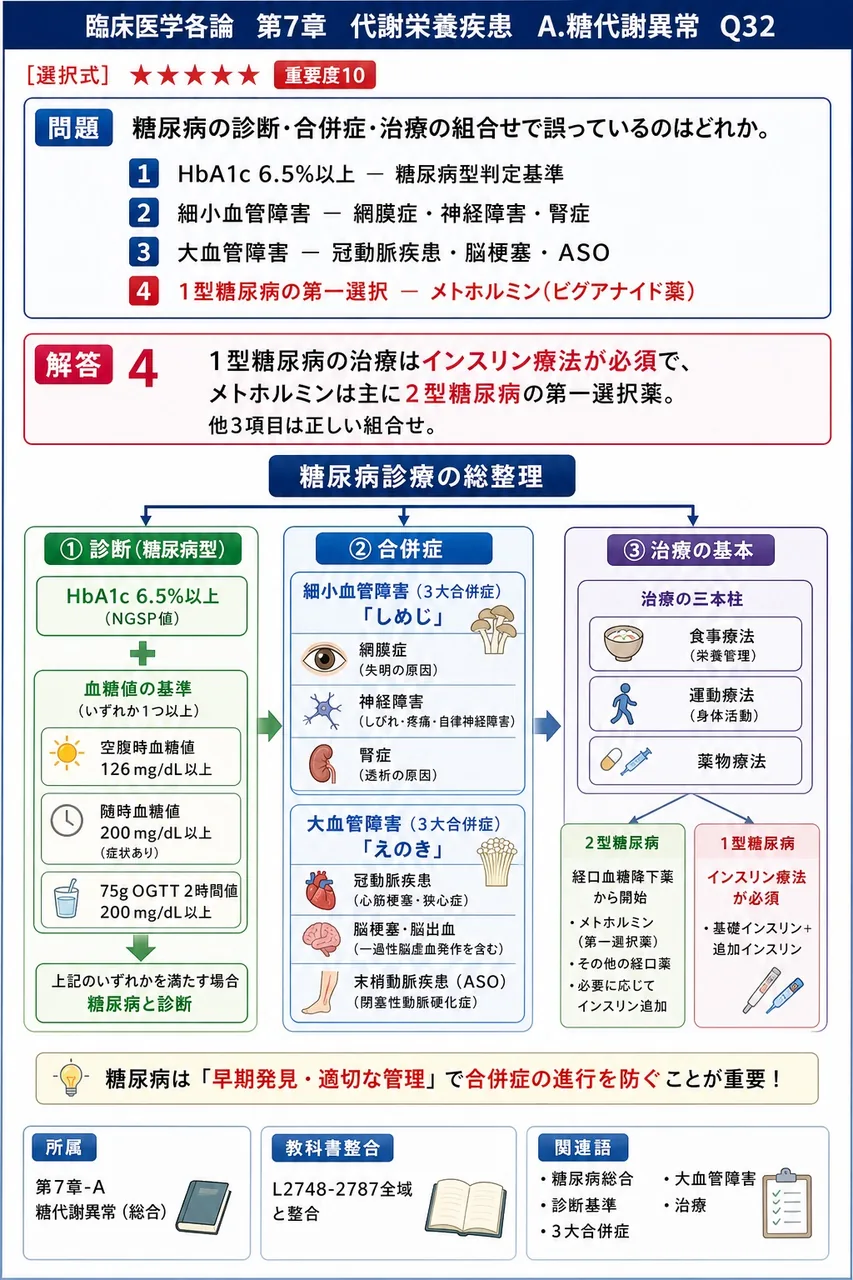 糖尿病の診断・合併症・治療の組合せで**誤っている**のはどれか。 解説図