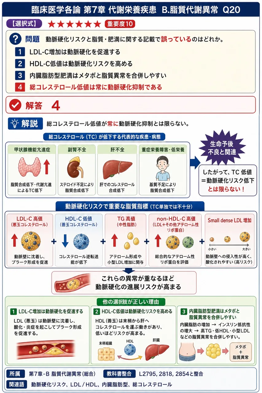 動脈硬化リスクと脂質・肥満に関する記載で**誤っている**のはどれか。 解説図