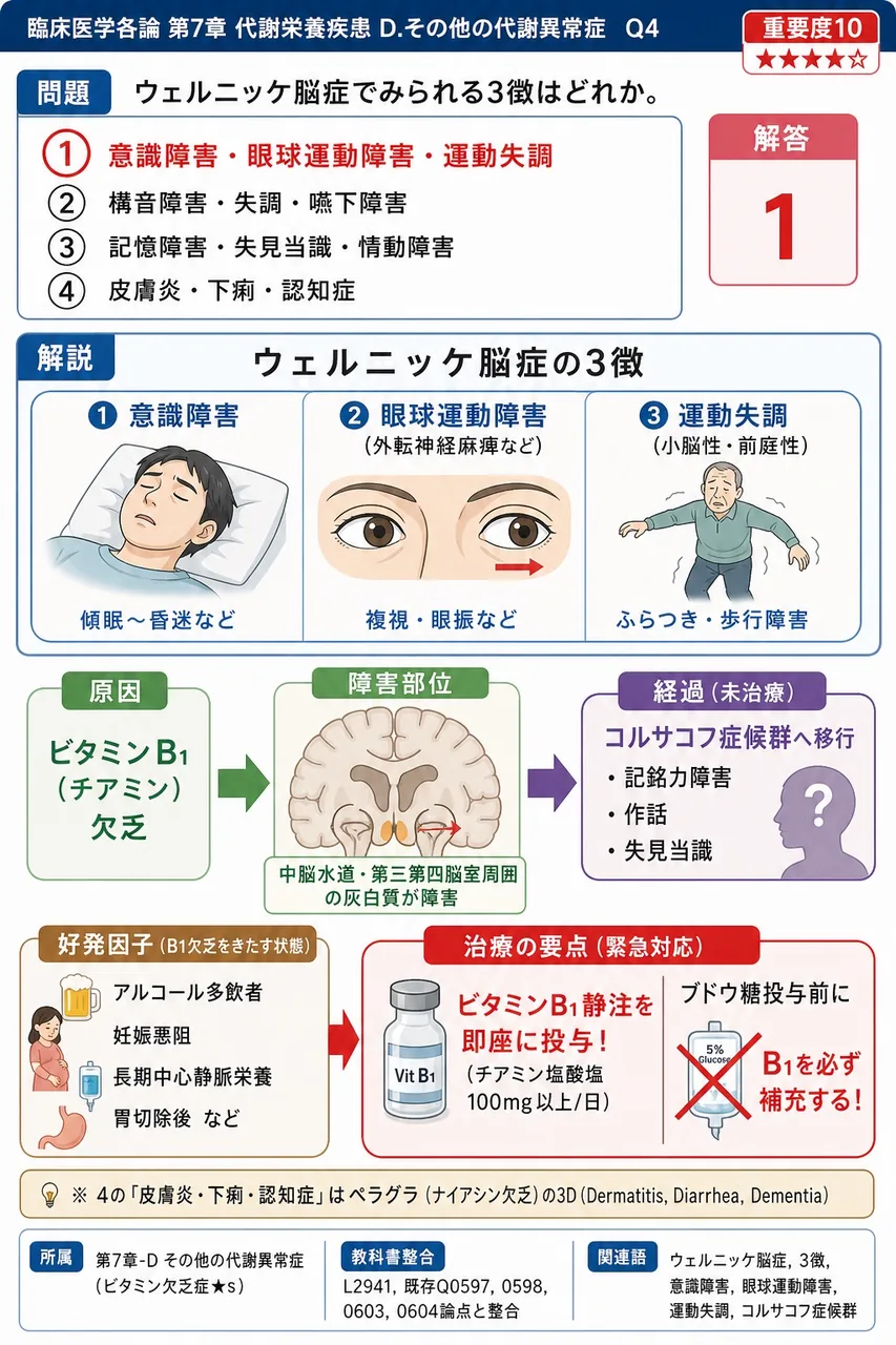 ウェルニッケ脳症でみられる3徴はどれか。 解説図