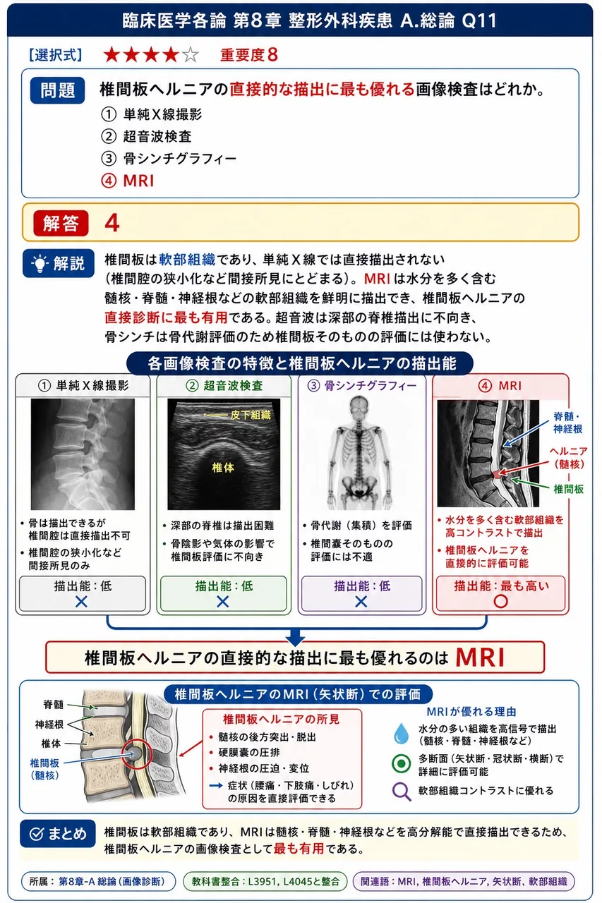 椎間板ヘルニアの直接的な描出に最も優れる画像検査はどれか。 解説図