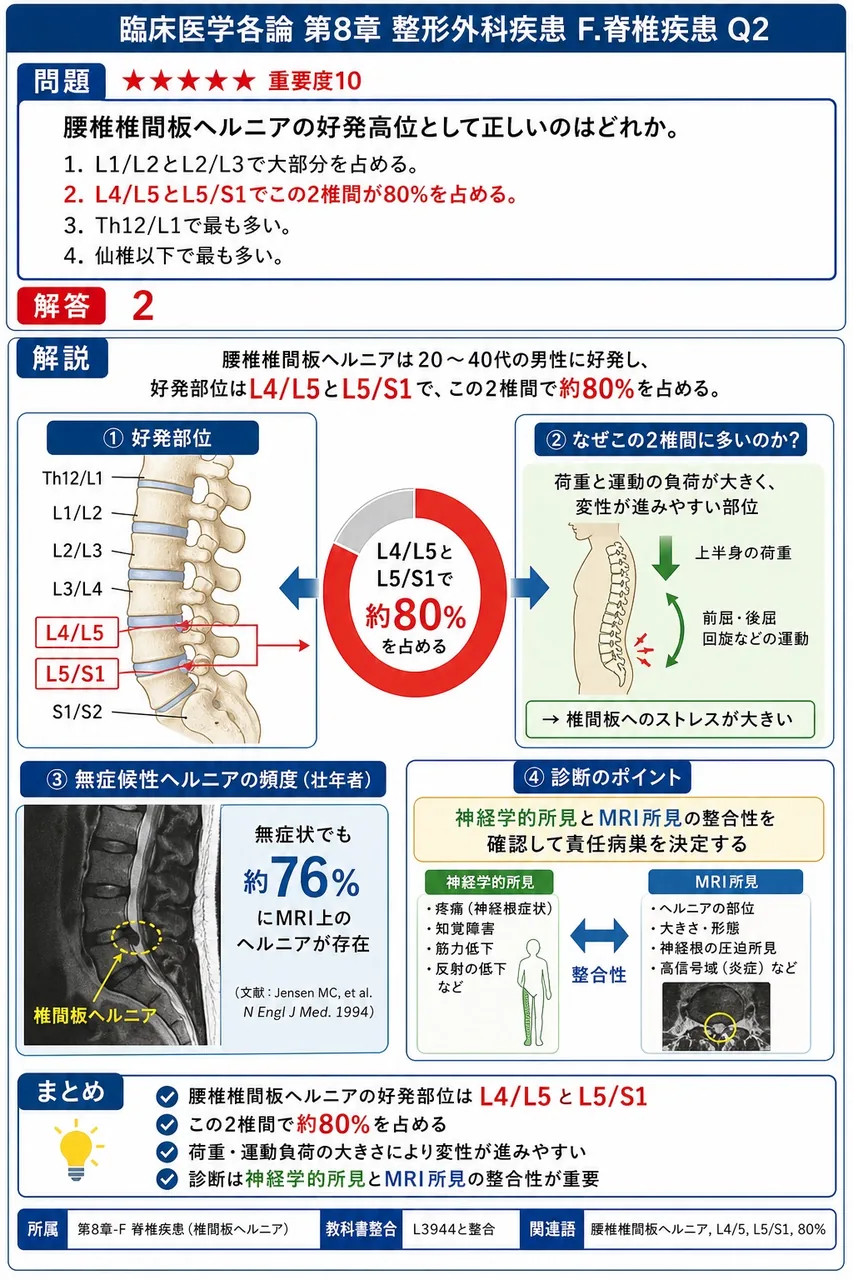 腰椎椎間板ヘルニアの好発高位として正しいのはどれか。 解説図