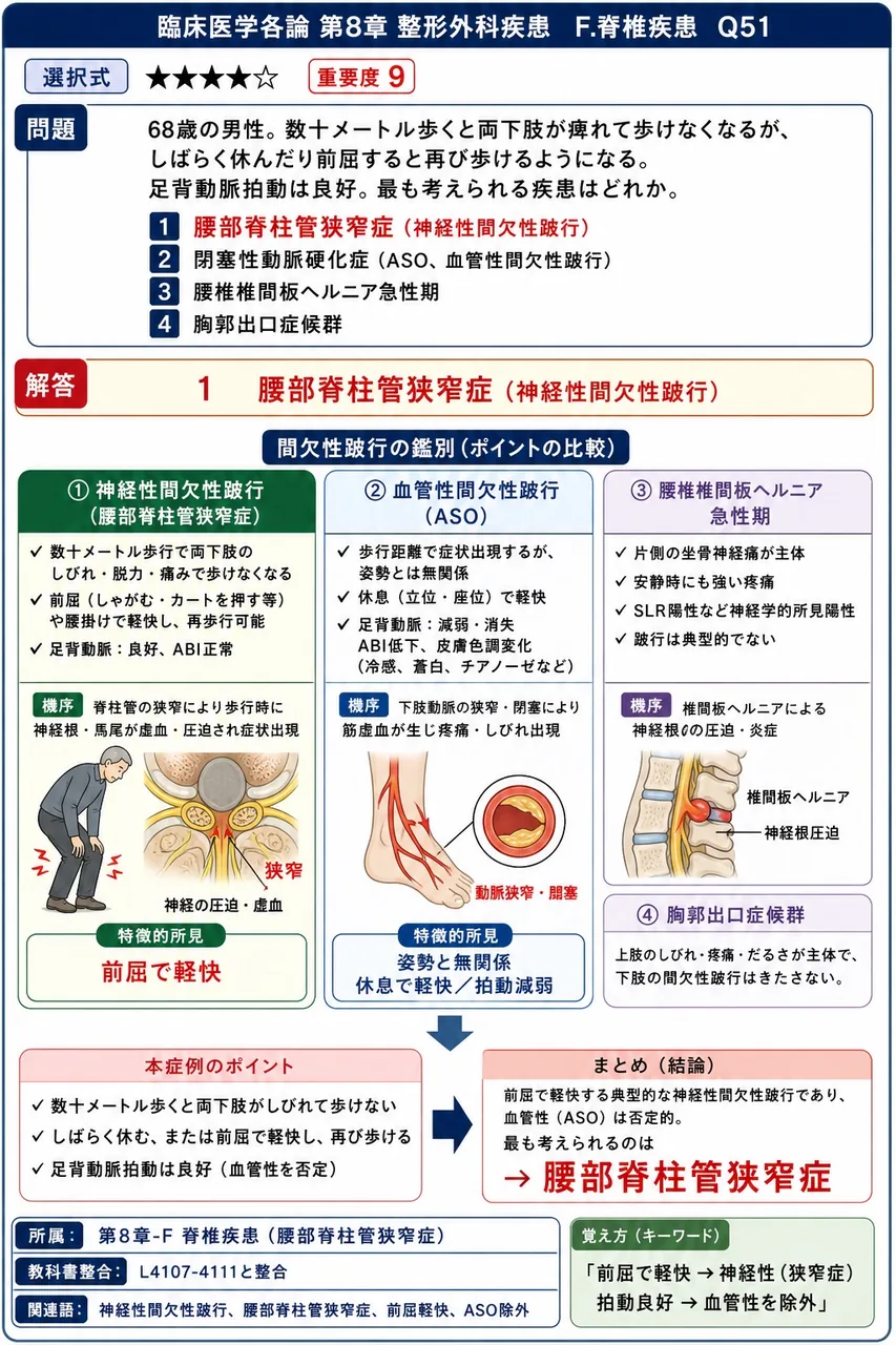 「68歳の男性。数十メートル歩くと両下肢が痺れて歩けなくなるが、しばらく休んだり前屈すると再び歩けるようになる。足背動脈拍動は良好。」最も考えられる疾患はどれか。 解説図