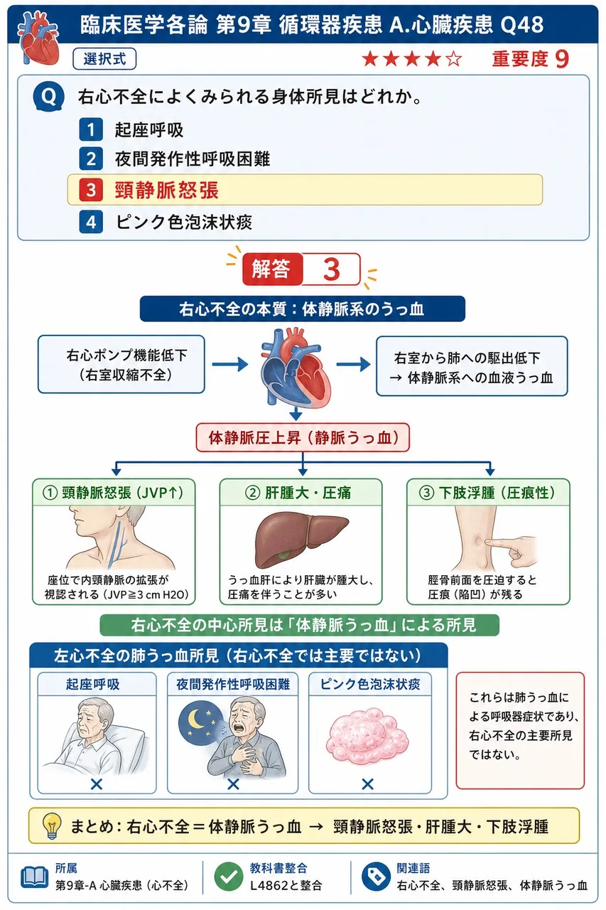 右心不全によくみられる身体所見はどれか。 解説図