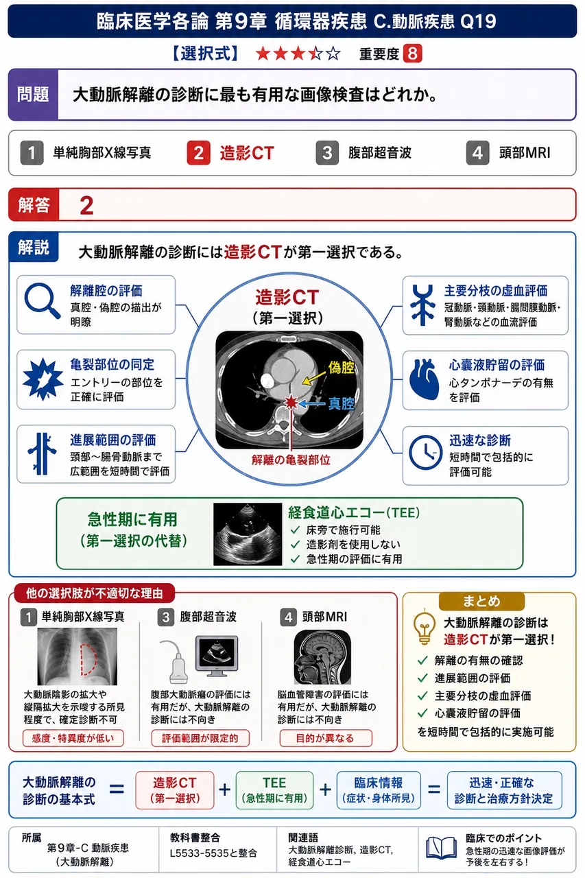大動脈解離の診断に最も有用な画像検査はどれか。 解説図
