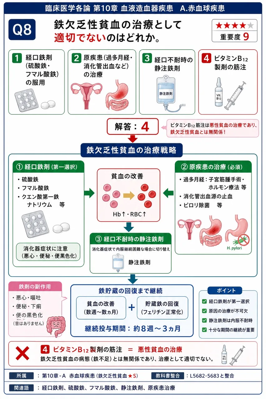鉄欠乏性貧血の治療として**適切でない**のはどれか。 解説図