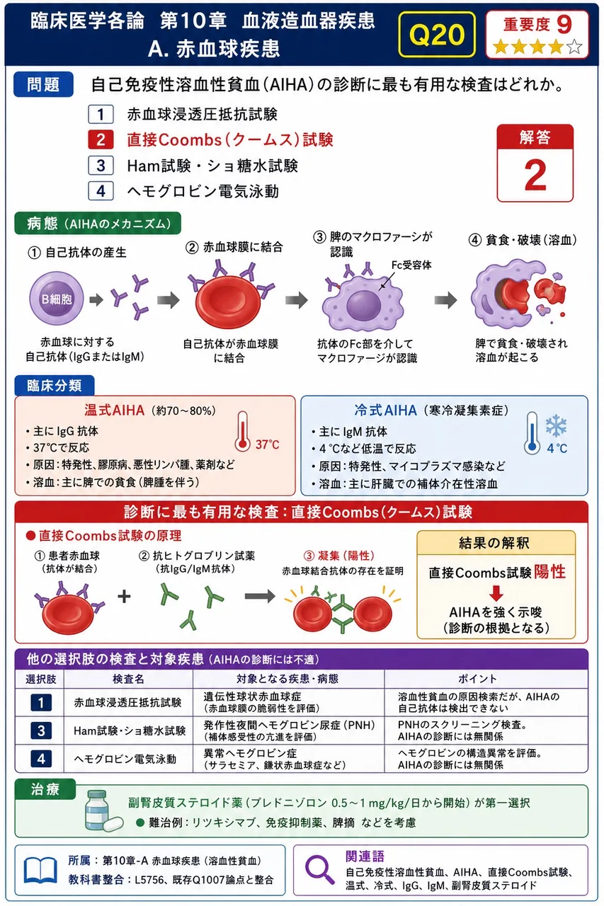 自己免疫性溶血性貧血(AIHA)の診断に最も有用な検査はどれか。 解説図