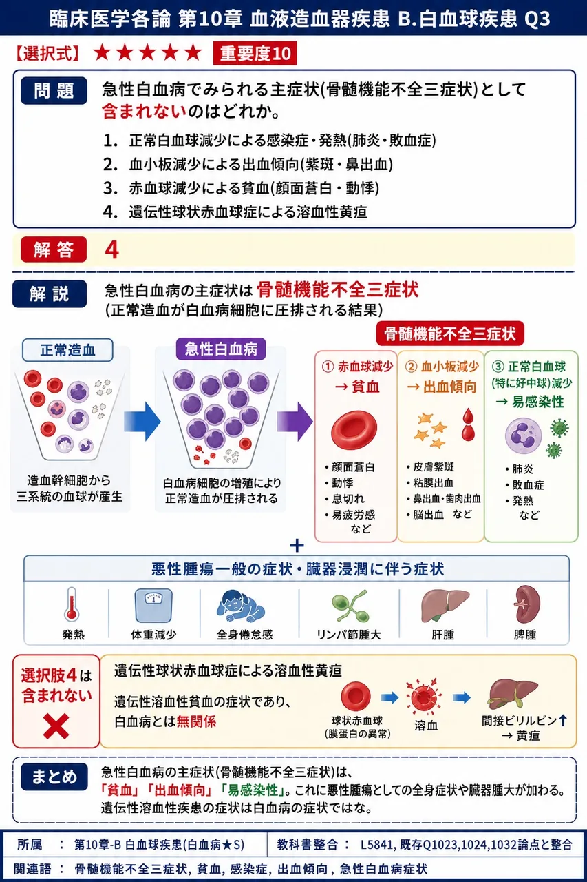 急性白血病でみられる主症状(骨髄機能不全三症状)として**含まれない**のはどれか。 解説図