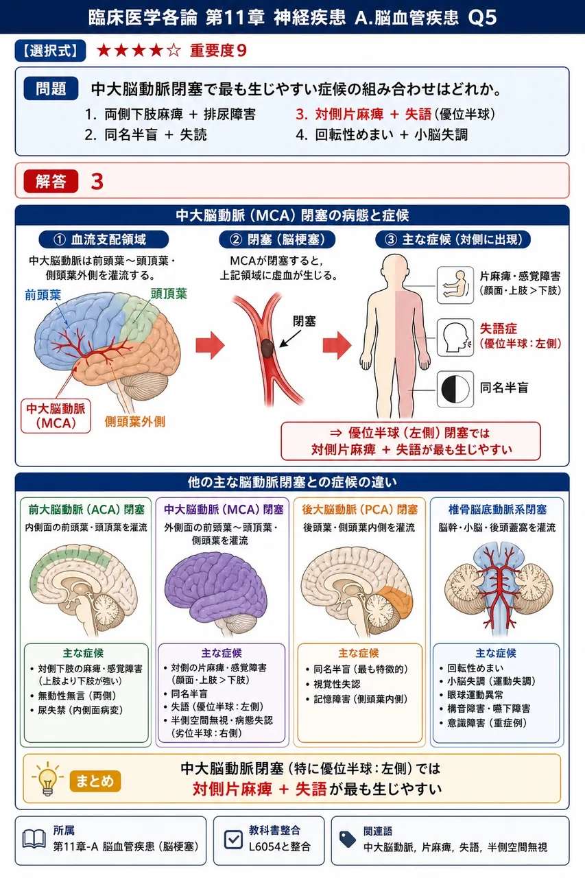 中大脳動脈閉塞で最も生じやすい症候の組み合わせはどれか。 解説図
