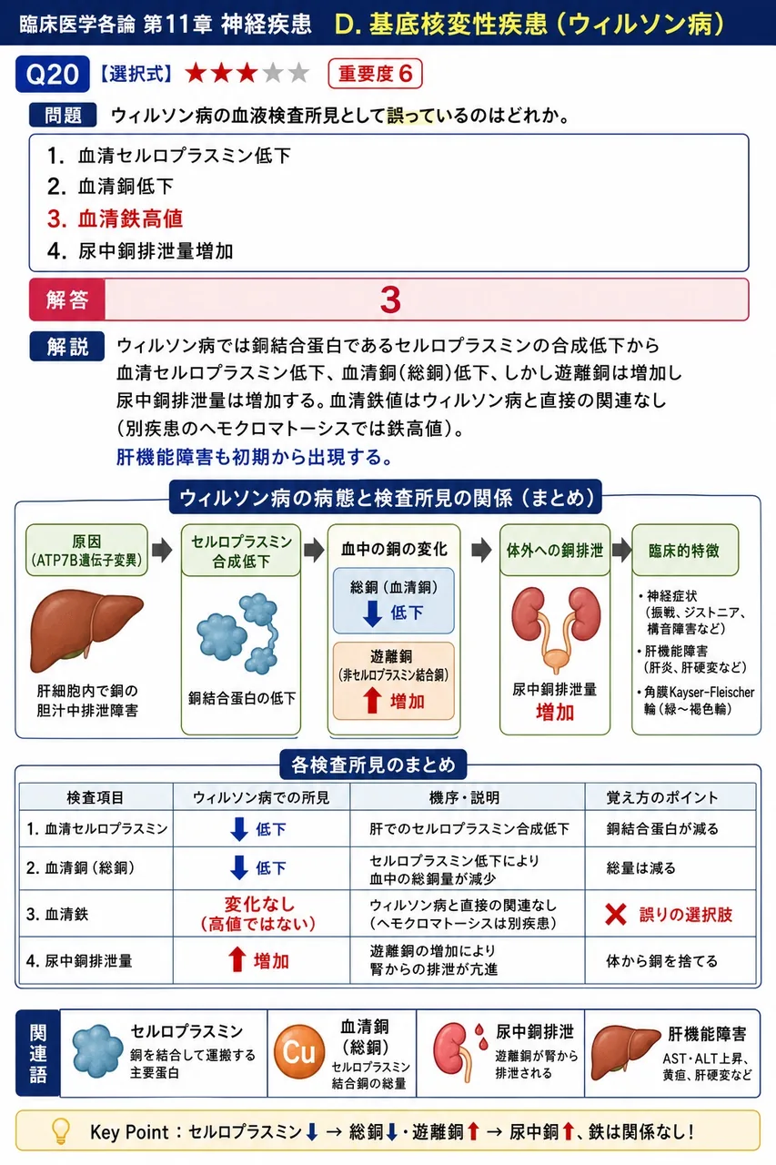 ウィルソン病の血液検査所見として誤っているのはどれか。 解説図