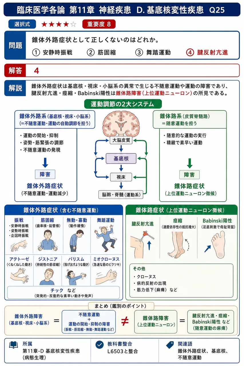 錐体外路症状として正しくないのはどれか。 解説図
