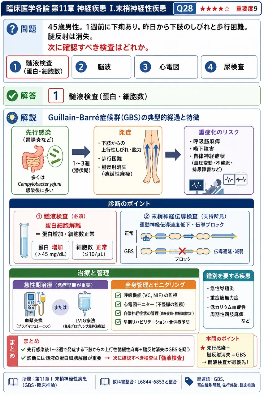 「45歳男性。1週前に下痢あり。昨日から下肢のしびれと歩行困難。腱反射は消失。」次に確認すべき検査はどれか。 解説図