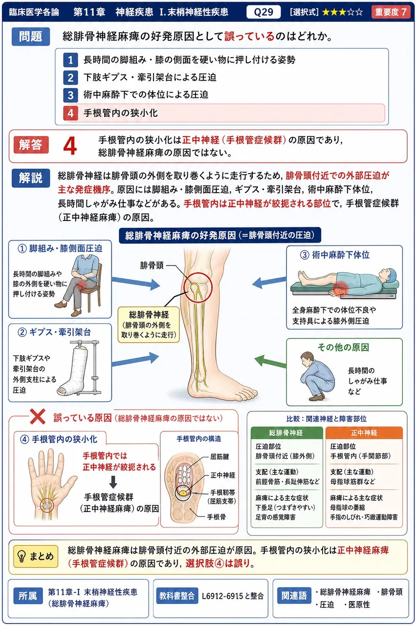 総腓骨神経麻痺の好発原因として誤っているのはどれか。 解説図