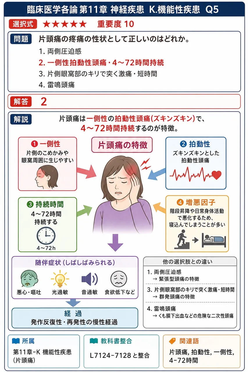 片頭痛の疼痛の性状として正しいのはどれか。 解説図