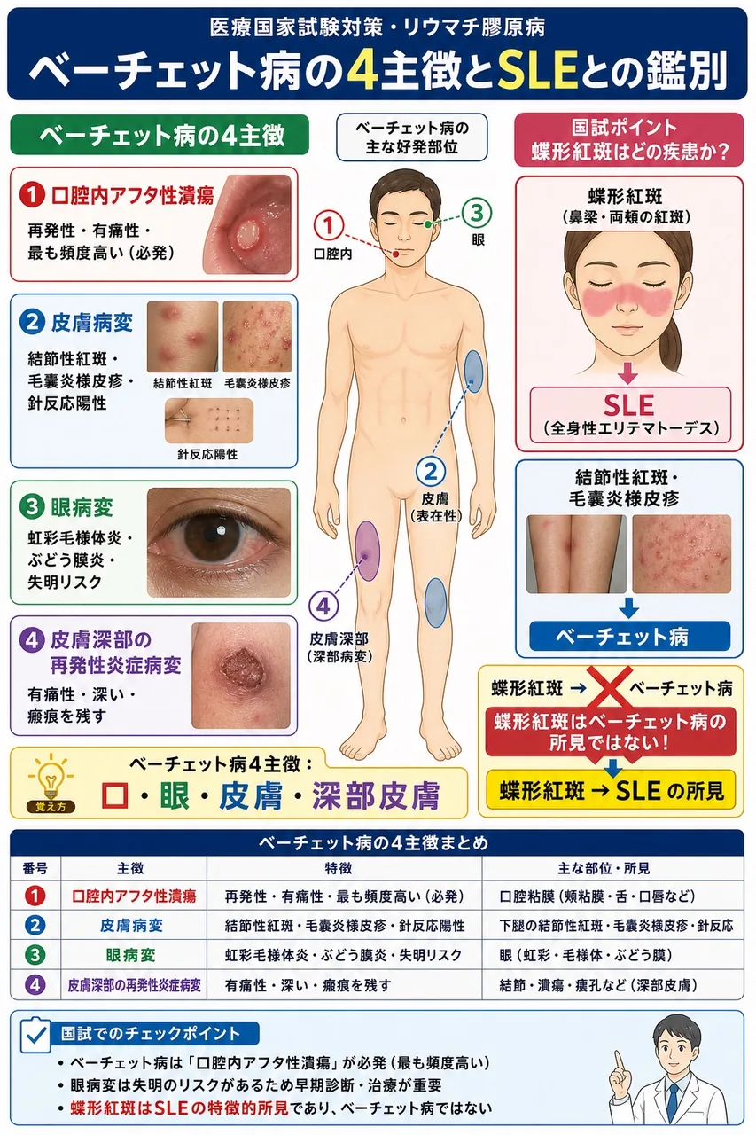 ベーチェット病の4主症状として適切でないのはどれか。 解説図