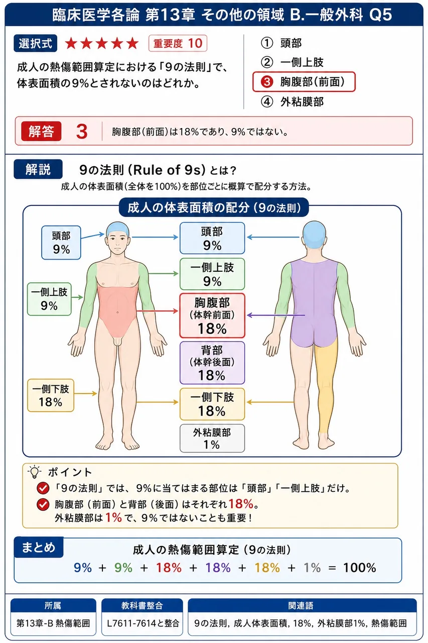 成人の熱傷範囲算定における「9の法則」で、体表面積の9%とされないのはどれか。 解説図