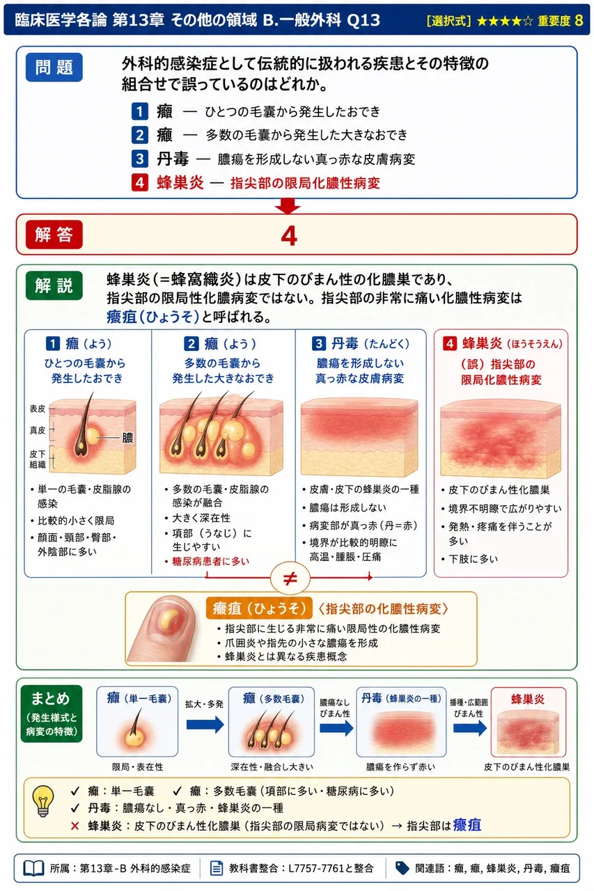 外科的感染症として伝統的に扱われる疾患とその特徴の組合せで誤っているのはどれか。 解説図