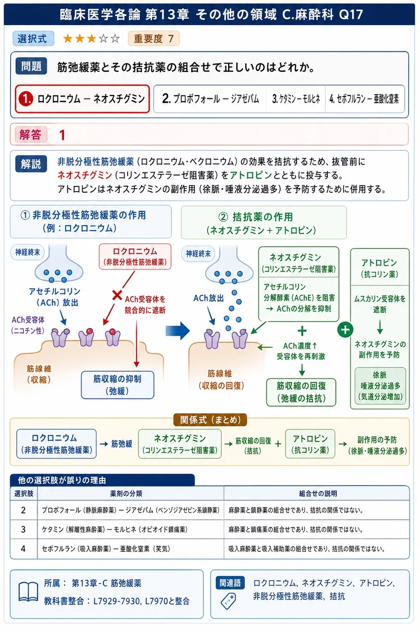 筋弛緩薬とその拮抗薬の組合せで正しいのはどれか。 解説図