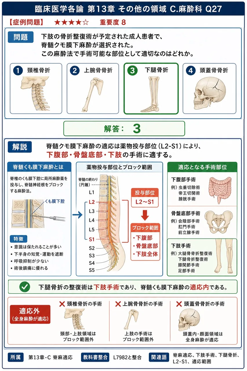 下肢の骨折整復術が予定された成人患者で、脊髄クモ膜下麻酔が選択された。この麻酔法で手術可能な部位として適切なのはどれか。 解説図