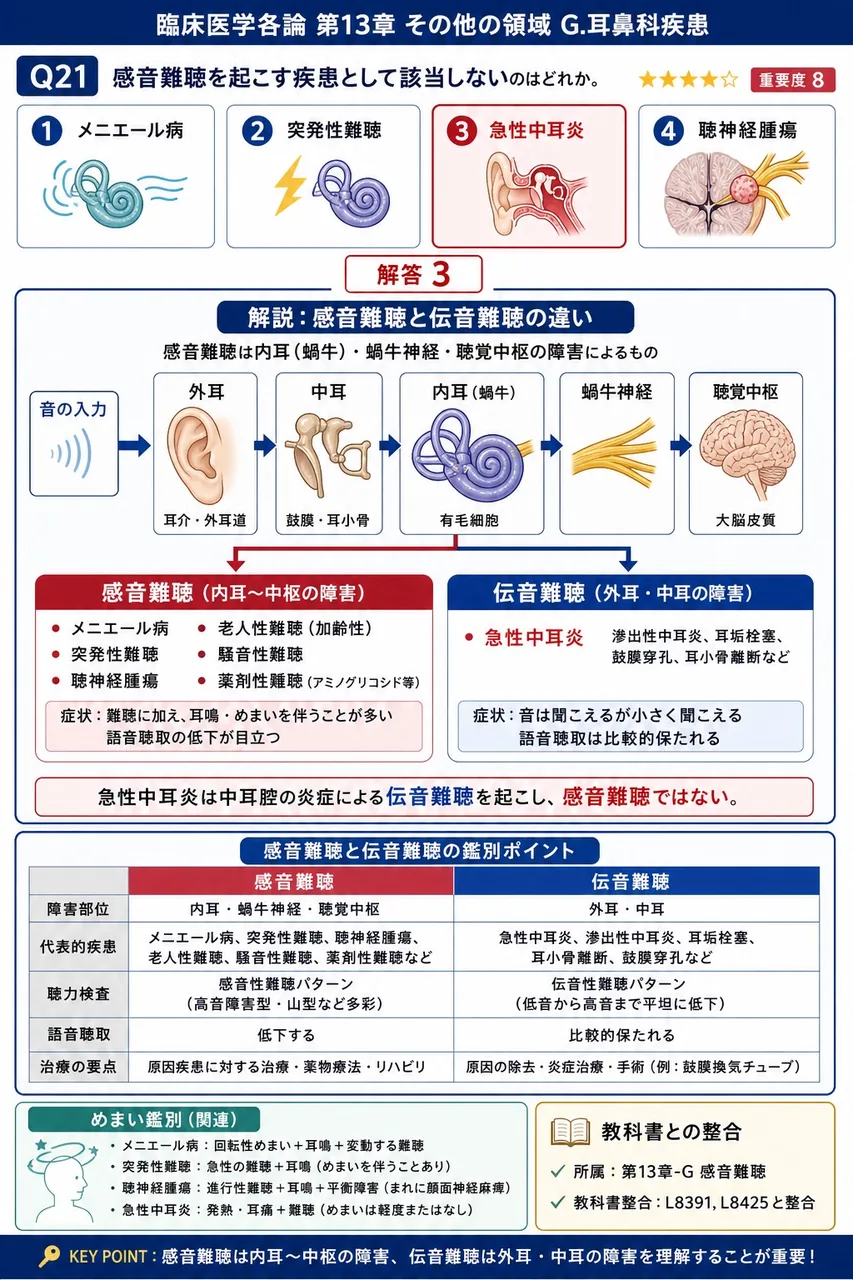 感音難聴を起こす疾患として該当しないのはどれか。 解説図