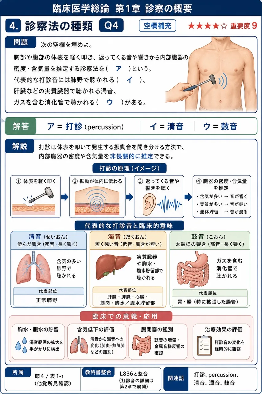 次の空欄を埋めよ。 「胸部や腹部の体表を軽く叩き、返ってくる音や響きから内部臓器の密度・含気量を推定する診察法を( ア )という。代表的な打診音には肺野で聴かれる( イ )、肝臓などの実質臓器で聴かれる濁音、ガスを含む消化管で聴かれる( ウ )がある。」 解説図