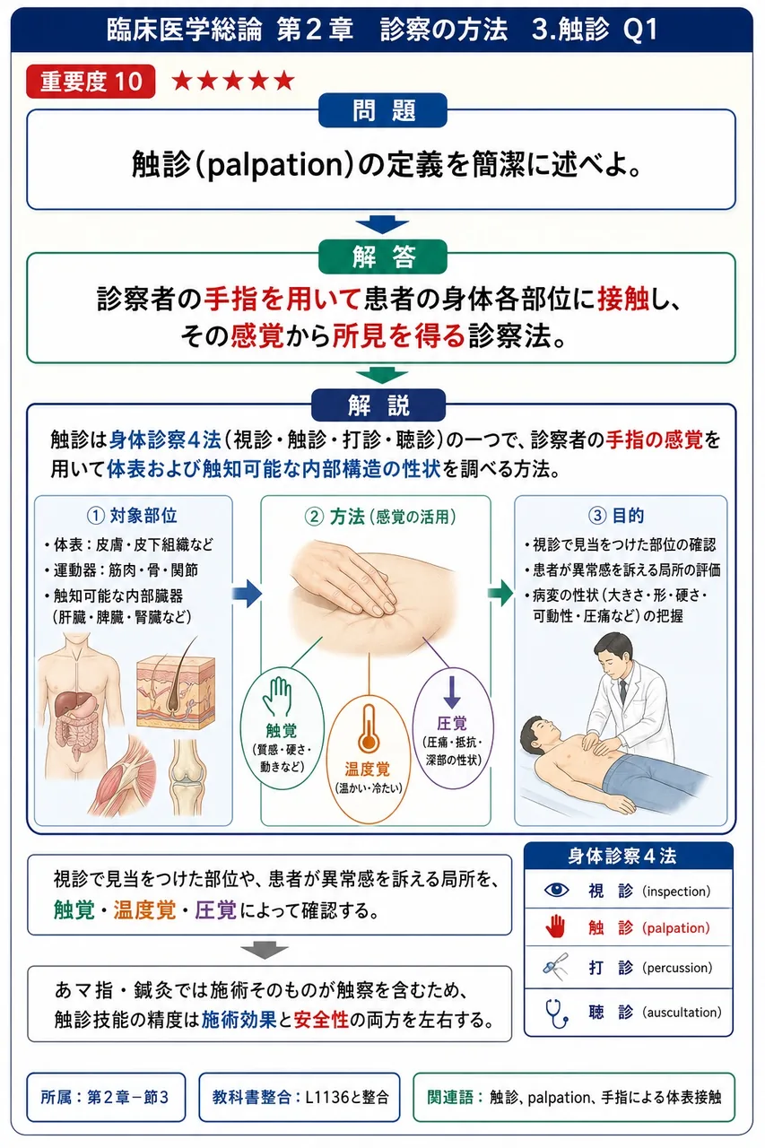 触診(palpation)の定義を簡潔に述べよ。 解説図