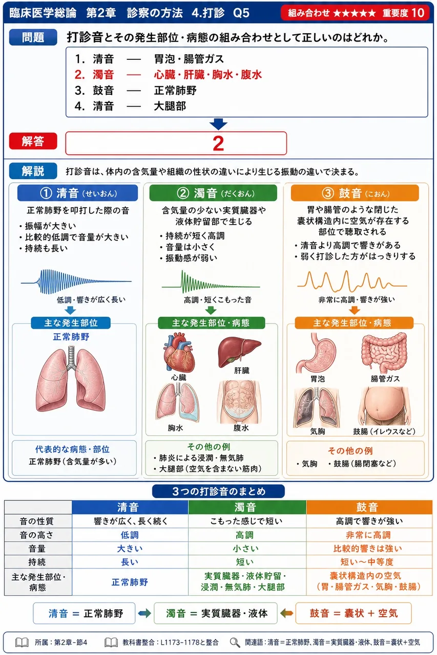 打診音とその発生部位・病態の組み合わせとして正しいのはどれか。 解説図
