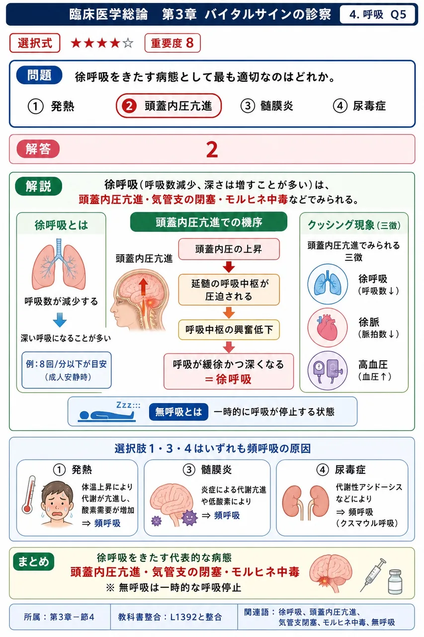 徐呼吸をきたす病態として最も適切なのはどれか。 解説図