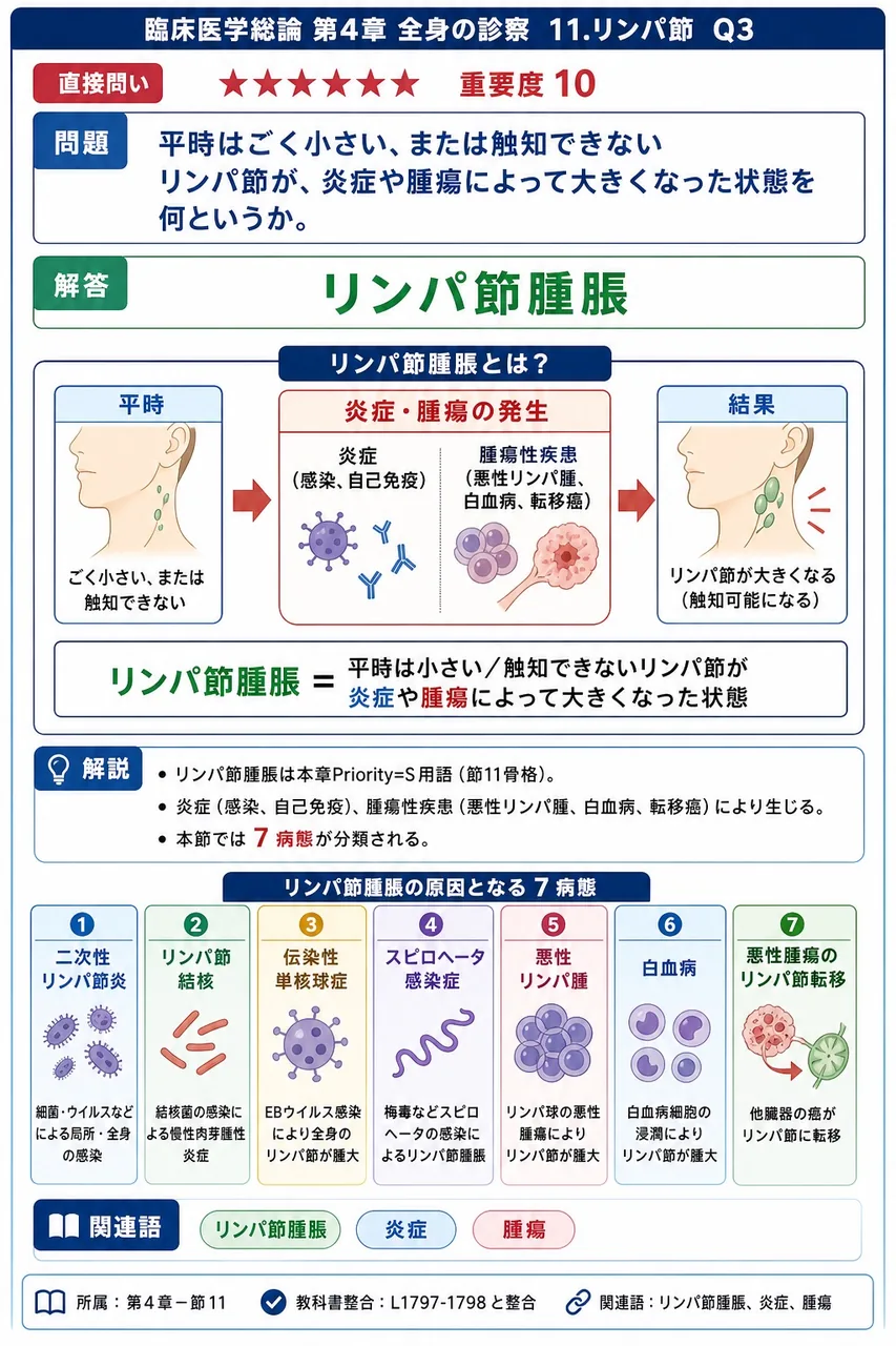 平時はごく小さい、または触知できないリンパ節が、炎症や腫瘍によって大きくなった状態を何というか。 解説図