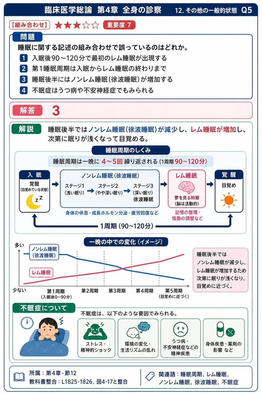 睡眠に関する記述の組み合わせで誤っているのはどれか。 解説図