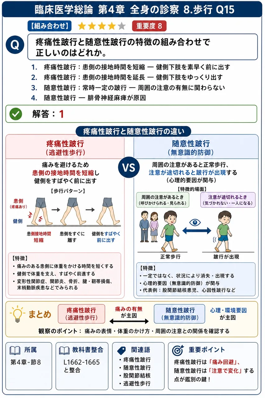 疼痛性跛行と随意性跛行の特徴の組み合わせで正しいのはどれか。 解説図