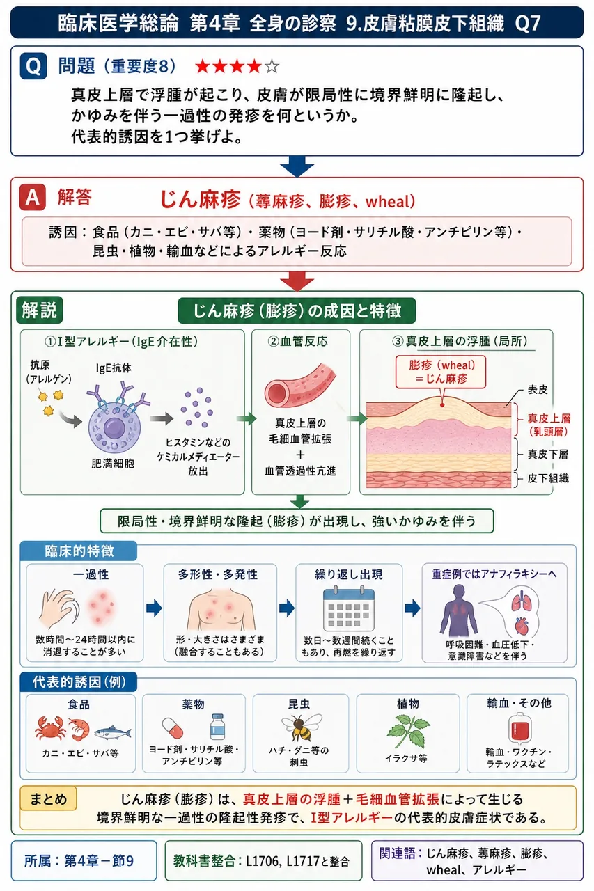 真皮上層で浮腫が起こり、皮膚が限局性に境界鮮明に隆起し、かゆみを伴う一過性の発疹を何というか。代表的誘因を1つ挙げよ。 解説図