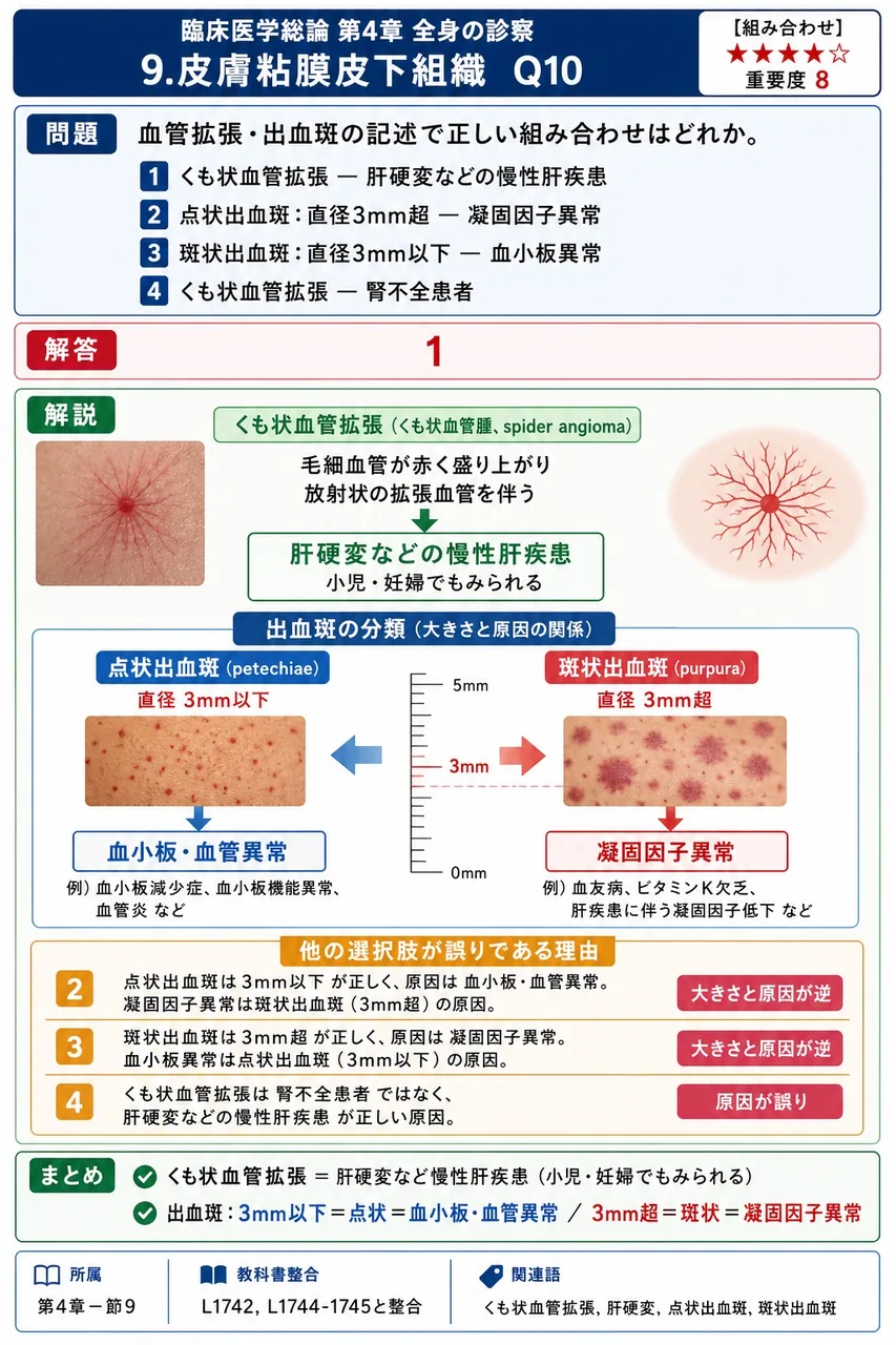 血管拡張・出血斑の記述で正しい組み合わせはどれか。 解説図
