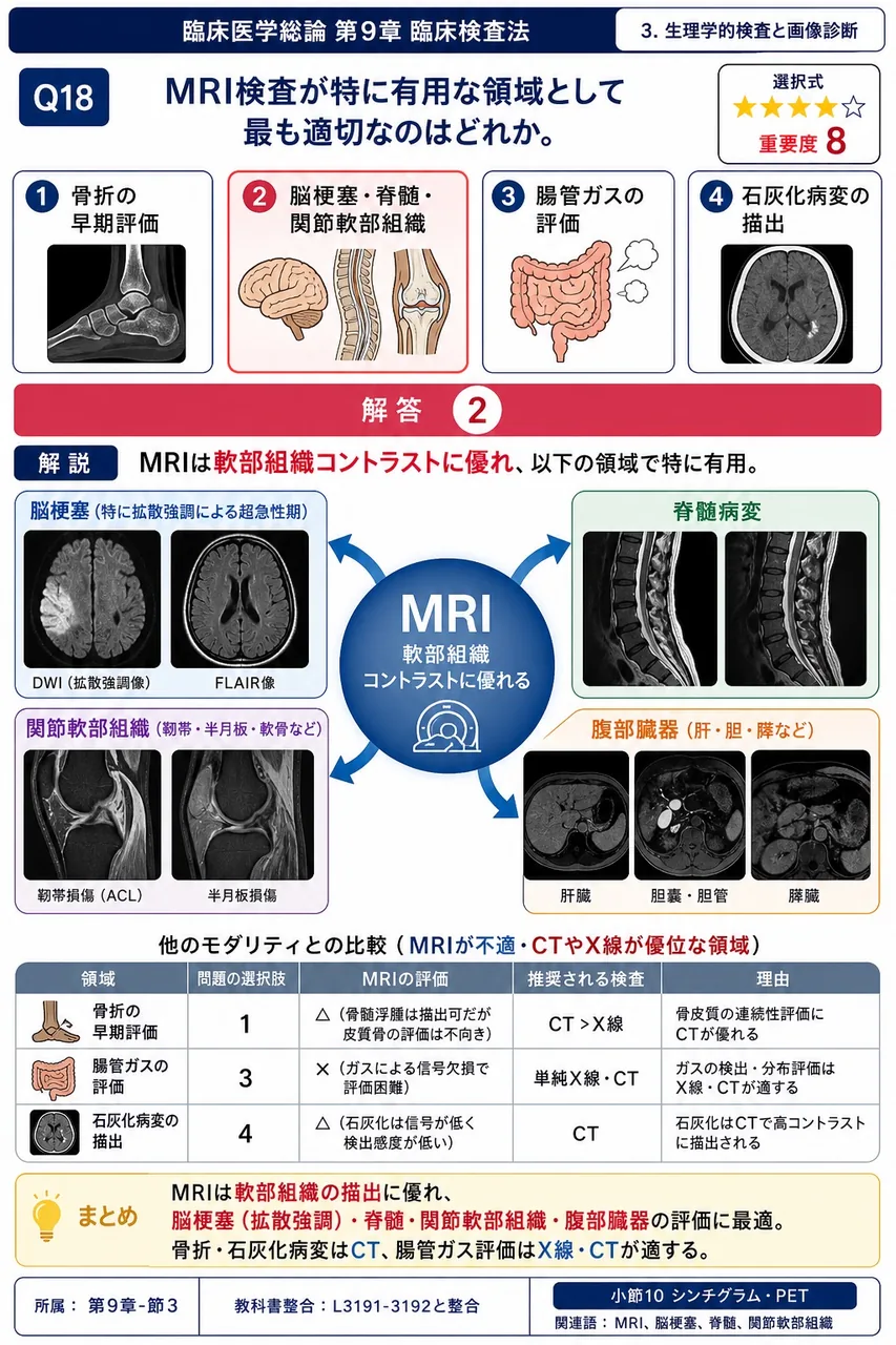 MRI検査が特に有用な領域として最も適切なのはどれか。 解説図