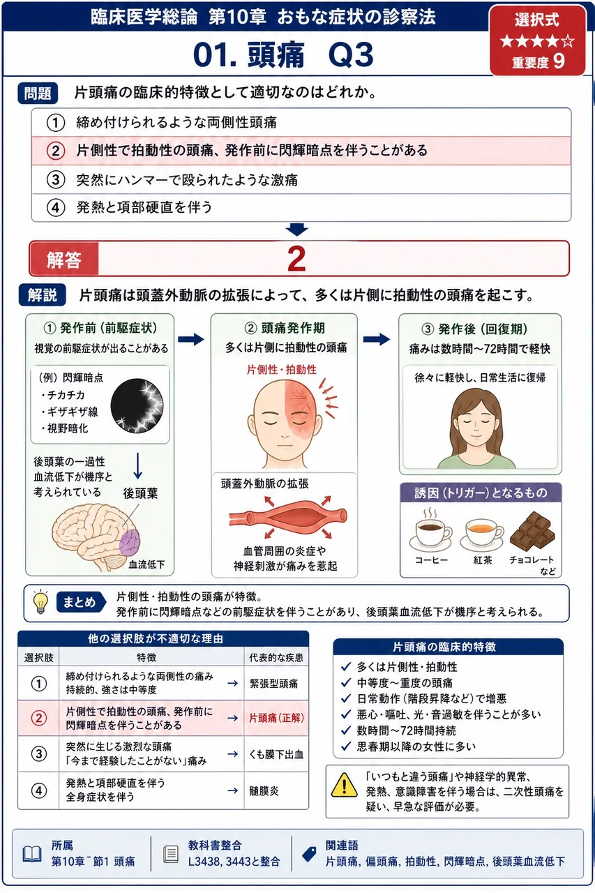 片頭痛の臨床的特徴として適切なのはどれか。 解説図