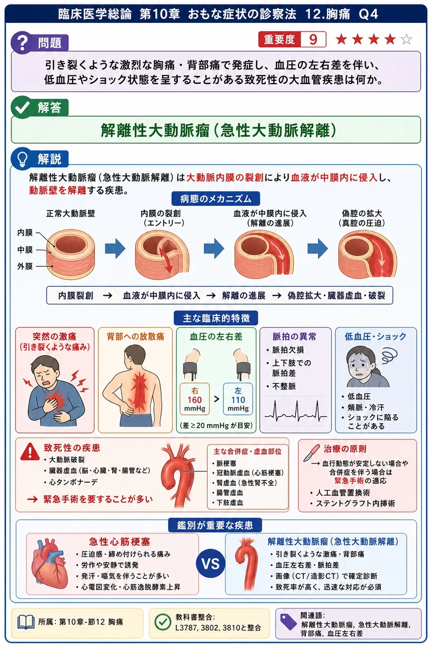 引き裂くような激烈な胸痛・背部痛で発症し、血圧の左右差を伴い、低血圧やショック状態を呈することがある致死性の大血管疾患は何か。 解説図