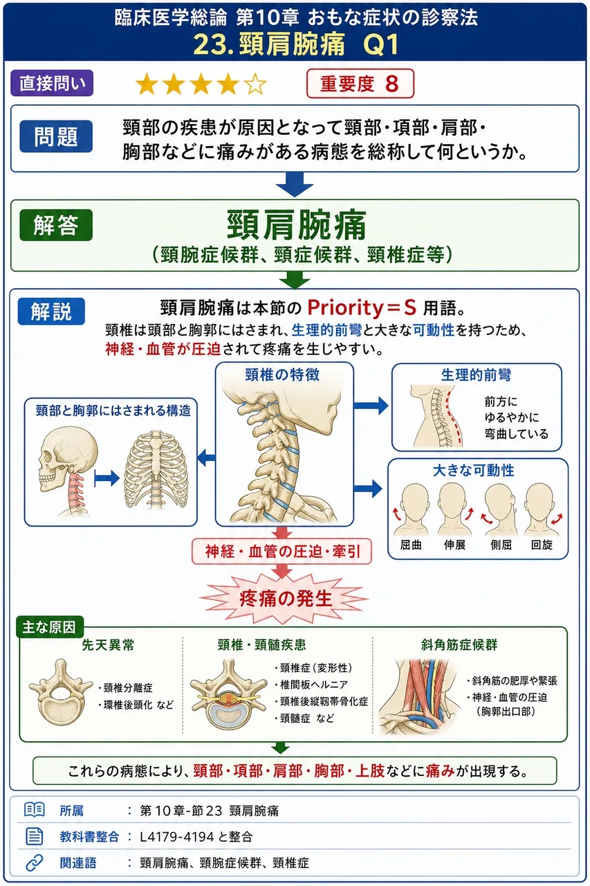 頸部の疾患が原因となって頸部・項部・肩部・胸部などに痛みがある病態を総称して何というか。 解説図