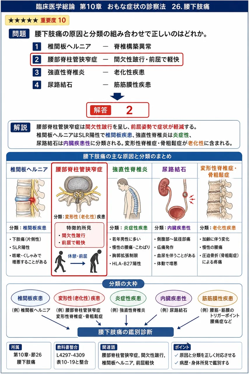 腰下肢痛の原因と分類の組み合わせで正しいのはどれか。 解説図