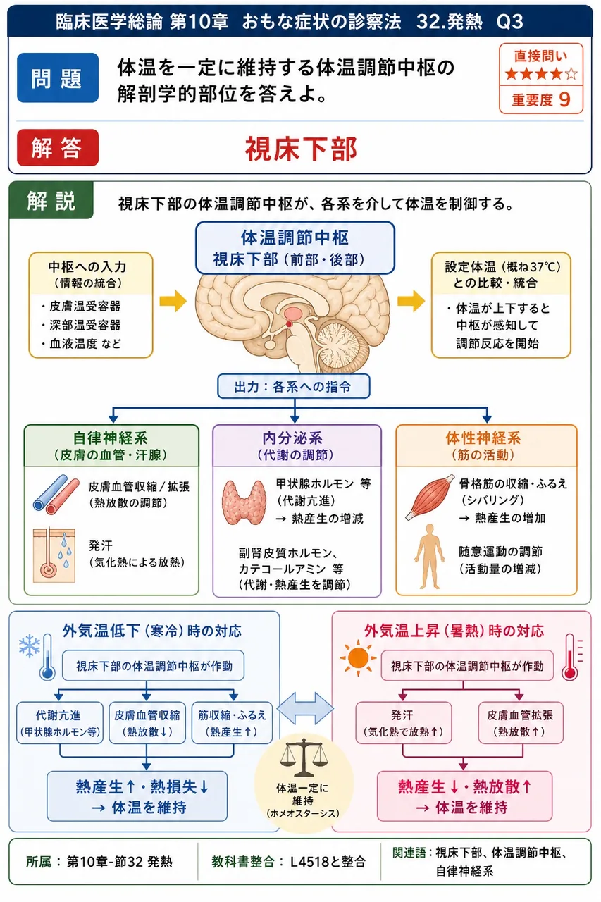 体温を一定に維持する体温調節中枢の解剖学的部位を答えよ。 解説図