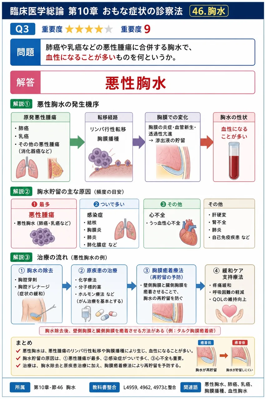 肺癌や乳癌などの悪性腫瘍に合併する胸水で、血性になることが多いものを何というか。 解説図