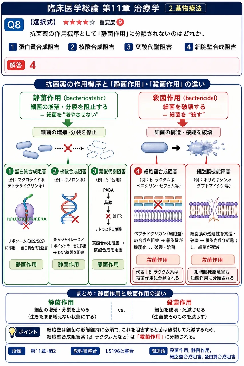 抗菌薬の作用機序として「静菌作用」に分類されないのはどれか。 解説図