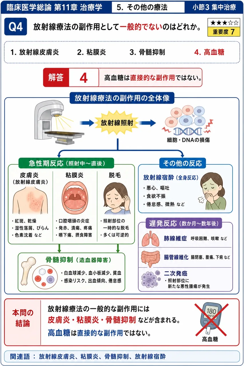 放射線療法の副作用として一般的でないのはどれか。 解説図