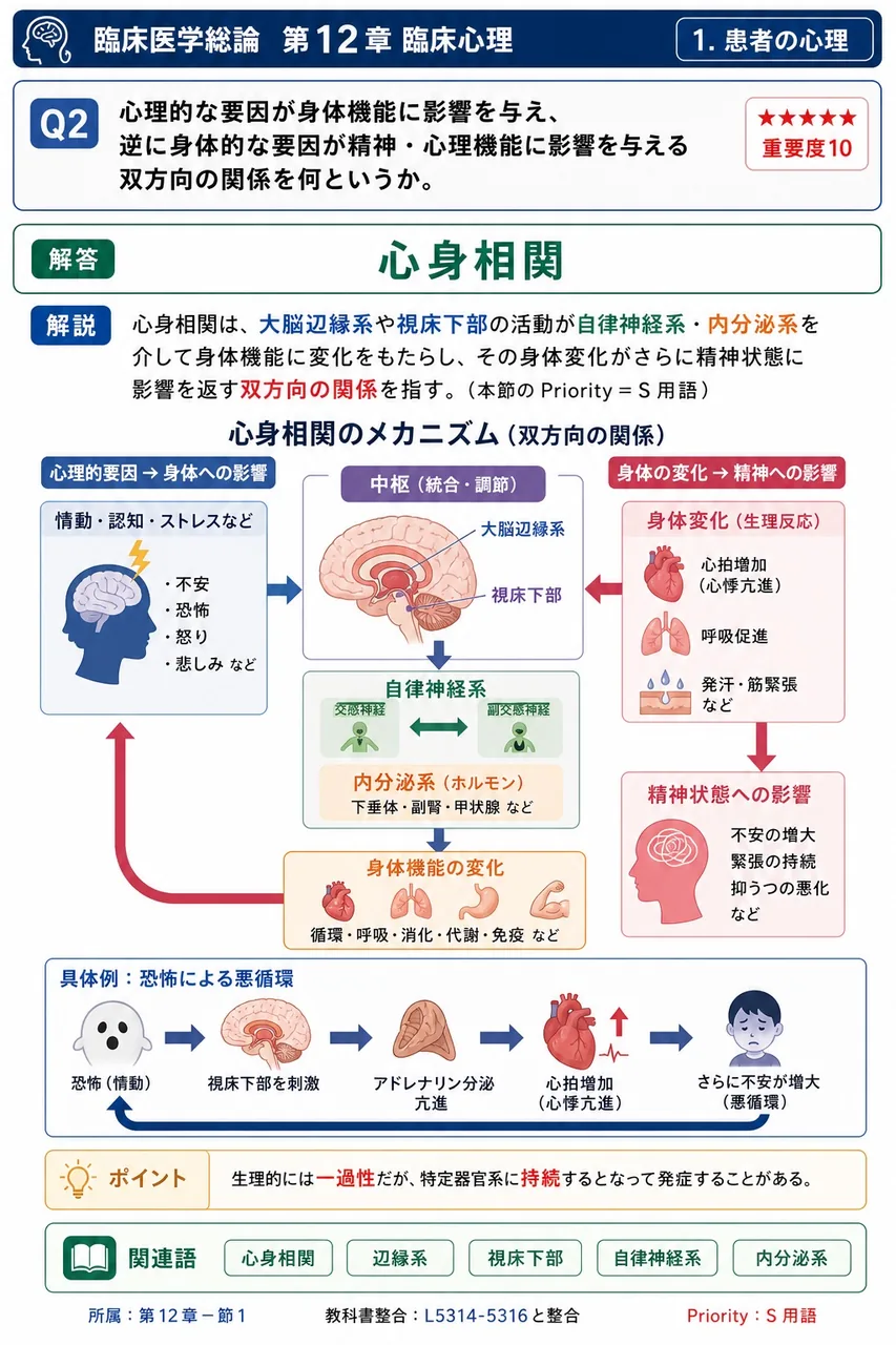 心理的な要因が身体機能に影響を与え、逆に身体的な要因が精神・心理機能に影響を与える双方向の関係を何というか。 解説図