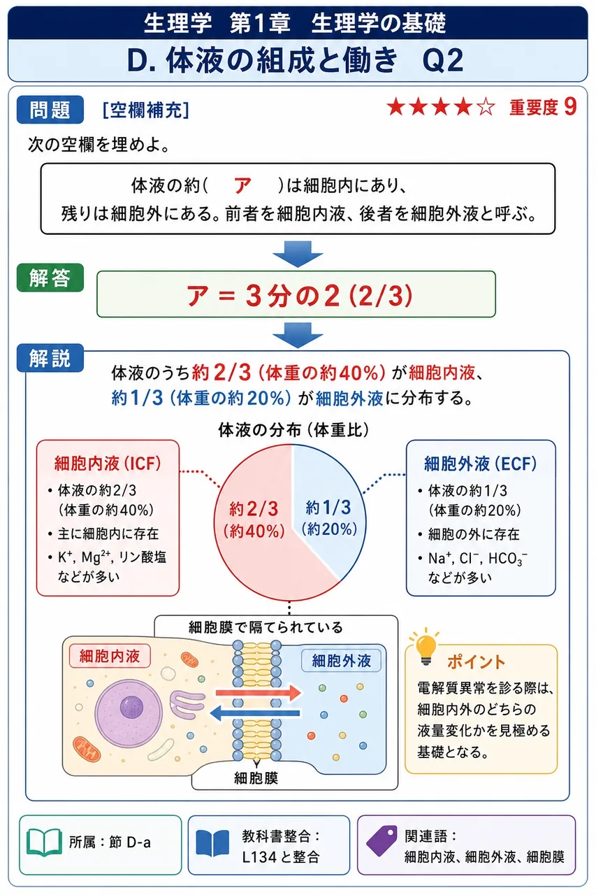 次の空欄を埋めよ。 「体液の約( ア )は細胞内にあり、残りは細胞外にある。前者を細胞内液、後者を細胞外液と呼ぶ。」 解説図