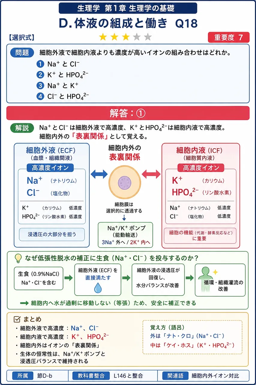 細胞外液で細胞内液よりも濃度が高いイオンの組み合わせはどれか。 解説図