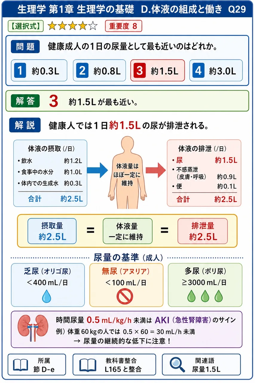 健康成人の1日の尿量として最も近いのはどれか。 解説図