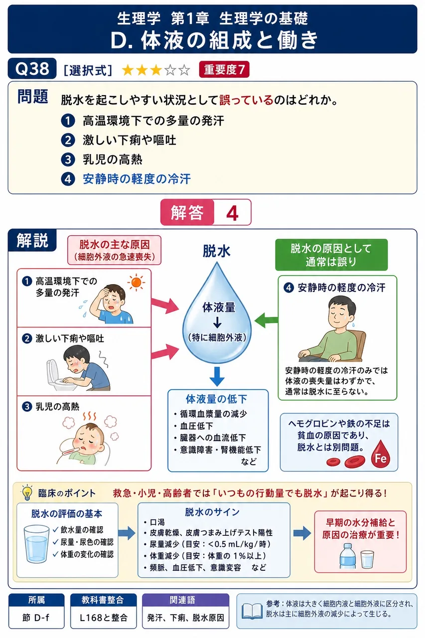 脱水を起こしやすい状況として**誤っている**のはどれか。 解説図