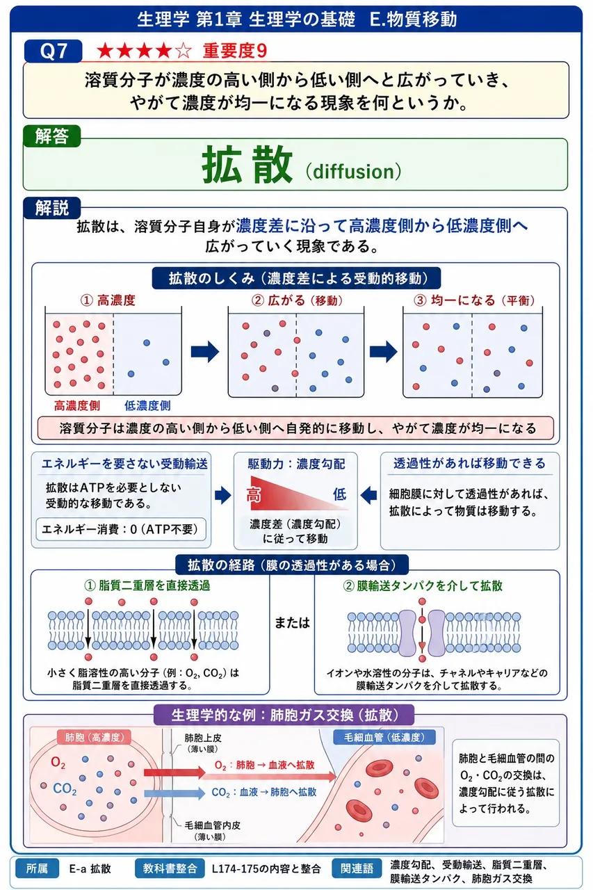 溶質分子が濃度の高い側から低い側へと広がっていき、やがて濃度が均一になる現象を何というか。 解説図
