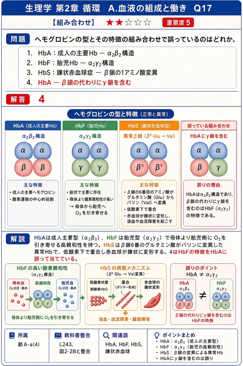 ヘモグロビンの型とその特徴の組み合わせで誤っているのはどれか。 解説図