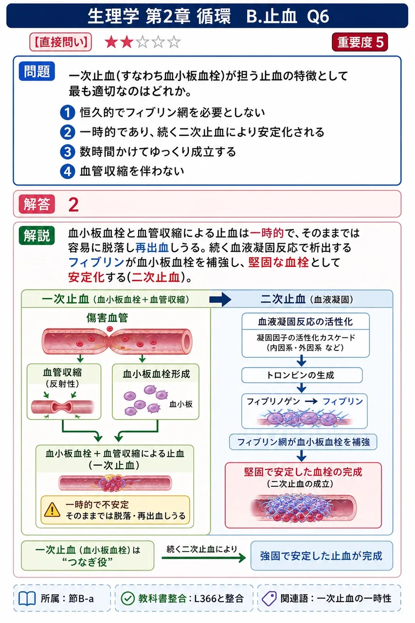 一次止血(すなわち血小板血栓)が担う止血の特徴として最も適切なのはどれか。 解説図